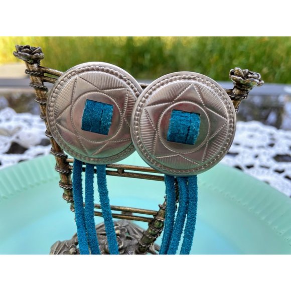 Vintage 1980s Concho Star Earrings With Blue Leather Tassels - Picture 6 of 10
